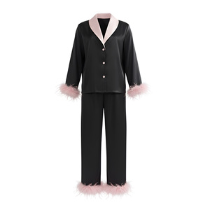 Ensemble de pyjama en satin pour femmes, manches longues, noir, rose pêche, garniture en plumes, vêtements de détente pour la maison, l'hôtel, la salle de bain - Product Image 5