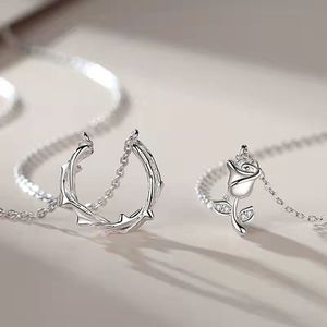 Thorns And Roses Couple Necklace Floral Pendant Silver Chain Valentine Gift QLXL 006 - Product Image 2