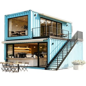 บ้านคอนเทนเนอร์สีน้ำเงินทันสมัยพร้อมผนังกระจกและบันไดภายนอกสำหรับใช้เป็นร้านค้า ดีไซน์อุตสาหกรรมรูปทรงสี่เหลี่ยมผืนผ้า - Product Image 1