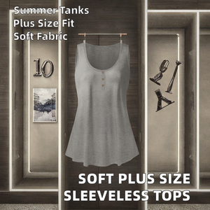 Túnica Informal sin Mangas para Mujer, Talla Grande, Súper Suave, con Botones, Estampados Sólidos, Camiseta Deportiva de Punto, Spandex/Poliéster - Product Image 2