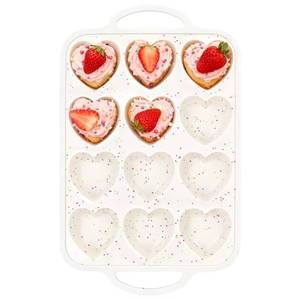 MUYULINS Factory 12-<b>cup</b> LFGB non-stick BPA Free metal reinforced frame heart-shaped silicone <b>cupcake</b> pan American-style cake - Product Image 1