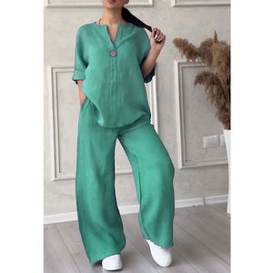 Conjunto de 2 Piezas de Pantalones Anchos Casuales de Color Sólido, de Algodón y Lino, para Mujer - Product Image 1