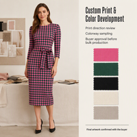 Robe midi personnalisée à imprimé pied-de-poule rose et vert pour femmes |   Robe cintrée à manches 3/4 avec ceinture à nouer à la taille |   Usine de fabrication OEM/ODM en marque blanche