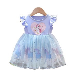 New Summer New Type Cartoon Unicorn Flutter Sleeve 1-3 anni Old Blue Pink Purple Mesh Dress Trendy Baby Girl Cotton Dresses - Product Image 1