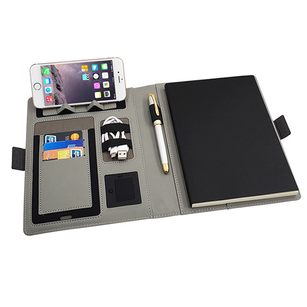 Custom Custom A5 Wireless Charging PU Leather Portfolio with Mobile Phone Bracket 8000mah Powerbank Notebook Padfolio