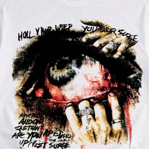 T-shirt Streetwear Oversize à Épaules Tombantes, Effet Délavé Vintage, avec Motif <span class=keywords><strong>Tatouage</strong></span> Main et Œil Gothique Sanglant et Texte Graffiti Vieilli - Product Image 2