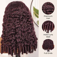 Perruque ISEE en cheveux humains bouclés bruts birmans, cheveux alignés dans le sens des cuticules, perruque frontale en dentelle 13x4 couleur bordeaux foncé 99j, sans colle, prête à porter