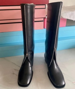 Front Zipper Overlay Black <b>Boots</b> Low Square Heel Women's Knee High <b>Boots</b> Genuine Leather Upper Daily Leisure Size 10.5 - Product Image 6