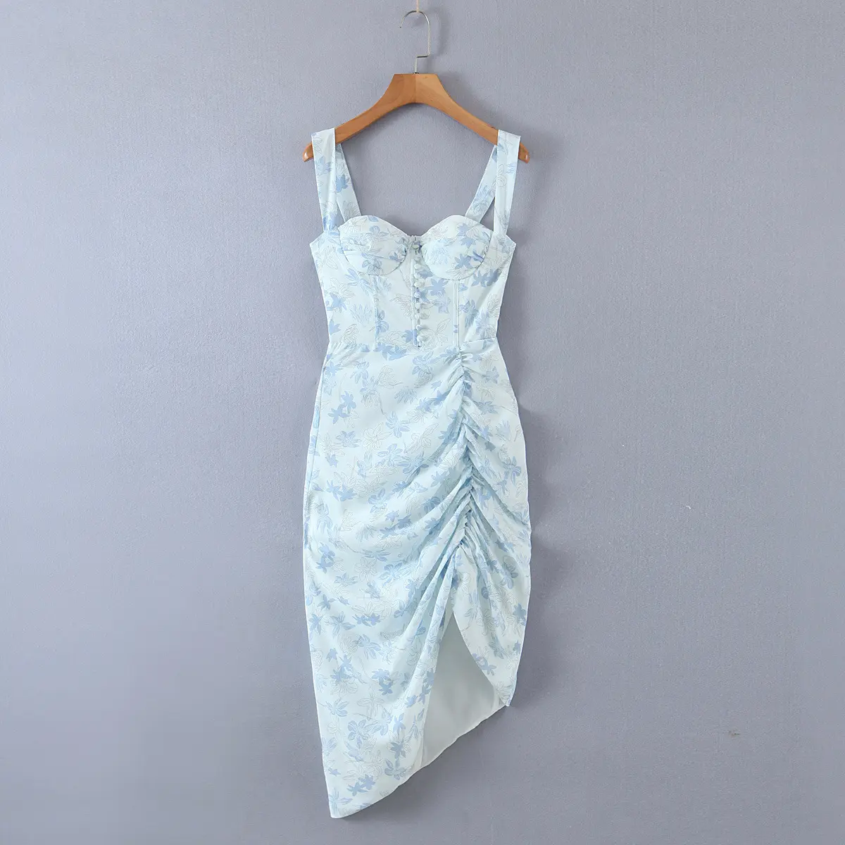 Elegante vestido azul claro con patrón floral y diseño sin mangas Una Elegante ropa de mujer Faldas Vestidos ajustados de fiesta