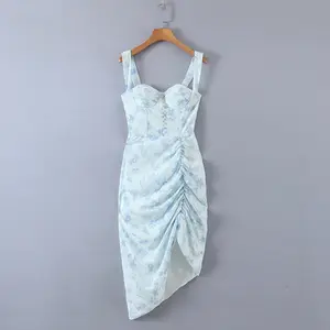 Stylish Light Blue Dress with Floral Pattern and Sleeveless Design A Chic Women Clothes Skirts Party Bodycon Dresses