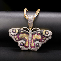 Collier Bling Hiphop pour Femmes, Hommes et Enfants, Serti de Zircon, Pierre Précieuse Colorée, Pendentif Papillon Plaqué Or