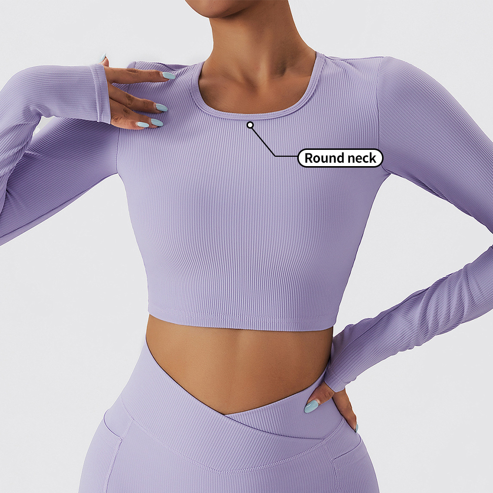 Custom Ribbed Soft Backless Breathable Long Sleeve Yoga Crop Top Sports Bra Long Sleeve Yoga Tops