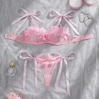 Nouvel ensemble de soutien-gorge sexy en dentelle, maille transparente, avec nœud et bretelles, ajouré et tentant pour femme