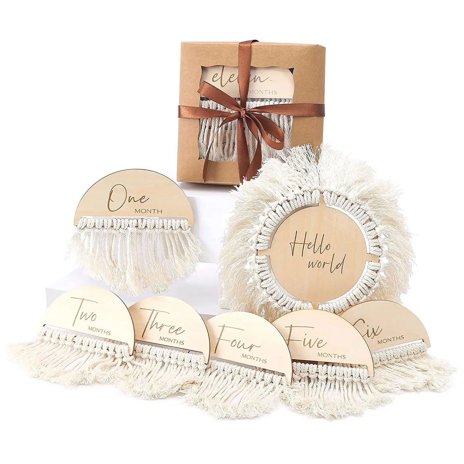 Custom Boho Baby Aankondiging Teken Set Dubbelzijdig Baby Maandelijkse Houten Milestone Kaarten Hello World Pasgeboren Teken Voor Baby Shower