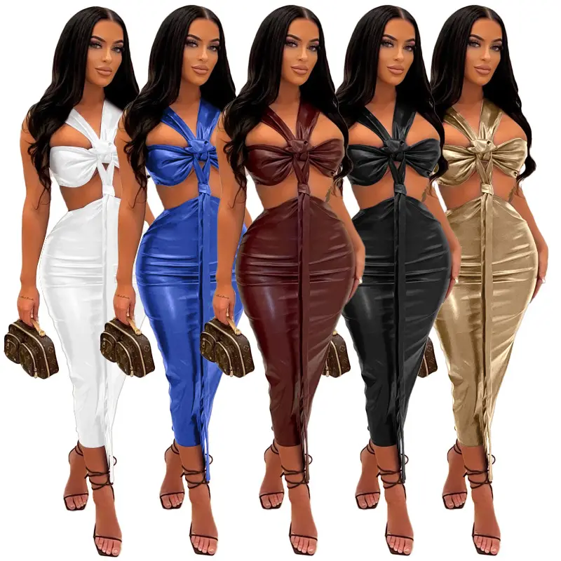 K&Y Black Pu Leather Bodycon Tight Dress Women's Wear New Popular Style Necktie Pu Dress Tight Imitation Leather Sexy Nightclub