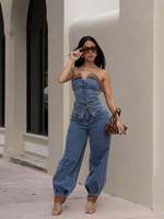 Ensemble en denim extensible décontracté à motifs patchwork, ensemble 2 pièces avec haut tube sans bretelles à boutons et pantalon long en denim