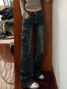 Jeans Cargo da <span class=keywords><strong>Donna</strong></span> a Gamba Larga, Lavaggio Chiaro, Multi Tasche, Vestibilità Comoda, <span class=keywords><strong>Pantaloni</strong></span> in Denim per Streetwear e Uso Quotidiano - Product Image 2