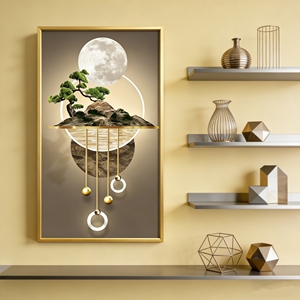 Peinture en porcelaine cristalline 3D avec impression lumineuse, motifs pin et montagne - Cadre en alliage d'aluminium doré, art mural <span class=keywords><strong>moderne</strong></span> pour la maison et le bureau - Product Image 3
