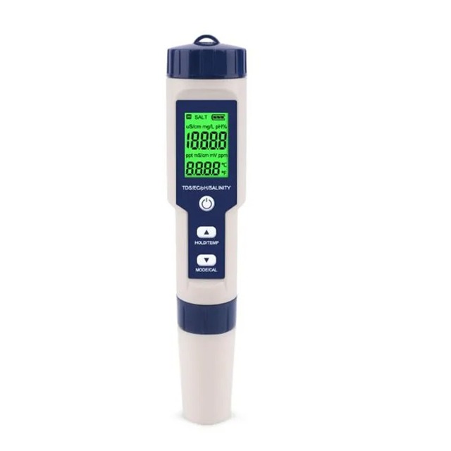 Portable 5-in-1 Digital Waterproof PH/TDS/EC/Salinity Meter with Automatic Calibration for Water Quality Testing