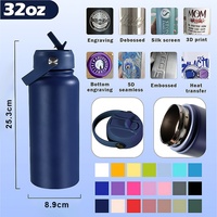 Bouteille d'eau isotherme en acier inoxydable de 32 oz avec logo personnalisé, poignée de transport et couvercle à paille rabattable, réutilisable, isolée pour la salle de sport et les voyages