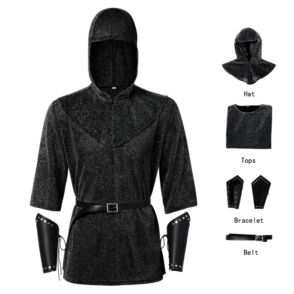 Ensemble complet de tenue équestre en maille noire (chapeau, chemise, ceinture, protège-poignets).