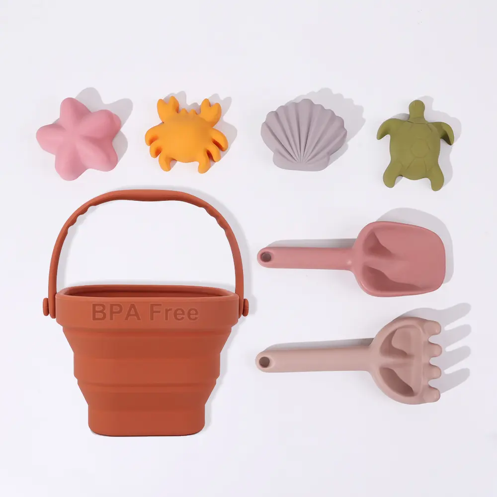 Nuovo Design personalizzato Logo Bpa libero portatile da spiaggia estate giocattolo Set per bambini Baby Beach secchio di sabbia pieghevole in Silicone giocattoli da spiaggia