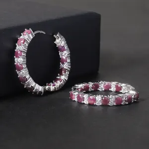 RZ0006 Abiding Fine Jewellery Custom Natural Ruby Red Gemstone Cubic Zirconia Large 925 Sterling Silver Womens Hoop Earrings