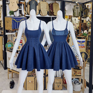 2025 Women's Empire Waist A-Line Skirt <strong>Dress</strong> Latest Design Vintage Style Solid Patchwork Midi Sexy <strong>Denim</strong> Blue Halter Spring - Product Image 4