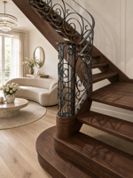 Escalier Courbé Moderne pour Villa, Duplex, Salon – Marches en Bois Massif, Garde-corps en Fer Forgé – Décoration Intérieure d'Escalier