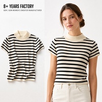 Pull en tricot rayé pour femme, manches courtes, coupe ajustée, bordure côtelée, couche de base estivale