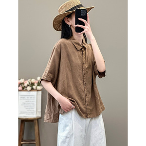Women's Linen Shirt Green Five Quarter Sleeve Button Down Commuting Top - Product Image 2
