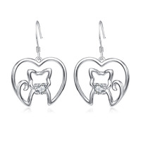 925 plata esterlina oro blanco Micro ajuste circón oreja amor gato corazón gancho colgante pendientes