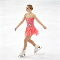 Robe de danse patinage rose à col rond, maille nude, manches longues, strass floraux pour enfants et adultes, compétition et performance