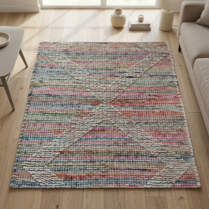 Tapis rectangulaire en jute et laine à motifs géométriques, fait main, style bohème, à poils plats, pour la décoration du salon - Product Image 3