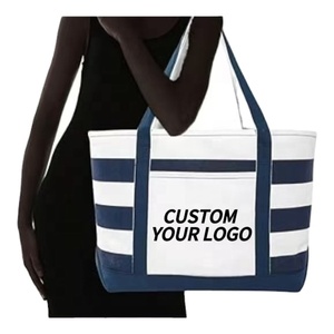 Custom Logo Stripe Pattern Zipper <b>Large</b> Cotton Canvas Tote <b>Bag</b> for Women Shopping Laptop Office Wedding Gift Promotion - Product Image 6