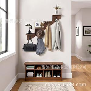 Wall Mounted Wooden <b>Shelf</b> 4 Layers With <b>Hooks</b> For Clothes And Bag Storage Organizer Rectangle Multipurpose - Product Image 2