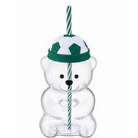 Jolies tasses à café en verre transparent en forme de paille avec couvercle chapeau, motif ours en peluche