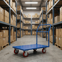Chariot à plateforme en acier bleu avec quatre roues rouges, chariot industriel durable, surface thermolaquée, capacité de 350 kg, OEM