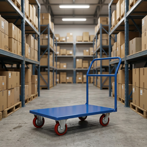 Chariot à plateforme en acier bleu avec quatre roues rouges, chariot industriel durable, surface thermolaquée, capacité de 350 kg, OEM - Product Image 4