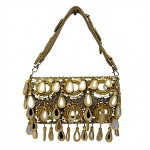 Handmade Beaded Metal Evening Bag With Teardrop Fringe Flap Closure For Party Bridal Events Mirror Work - Product Image 1