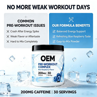 Suplemento Dietético de Cafeína en Polvo de Marca Privada OEM, 240 g, 30 Porciones, 200 mg, Sabor Frambuesa Azul