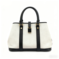 Bolso Tote de Lona de Color Sólido en Cuero Genuino Personalizado SHX - Bolso Tipo Satchel Negro y Blanco con Herrajes Dorados