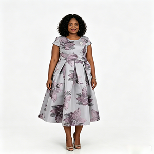 Elegante Vestido Midi con Estampado Floral, Corte en A, con Cinturón, Manga Corta, Satinado, Vestido de Fiesta para Mujer, Cuello Redondo, Corte Regular, Primavera - Product Image 1