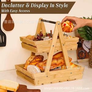 Cesta de madera para frutas, verduras y pan, organizador de doble capa, estante de almacenamiento de madera para frutas, aperitivos y artículos diversos - Product Image 2