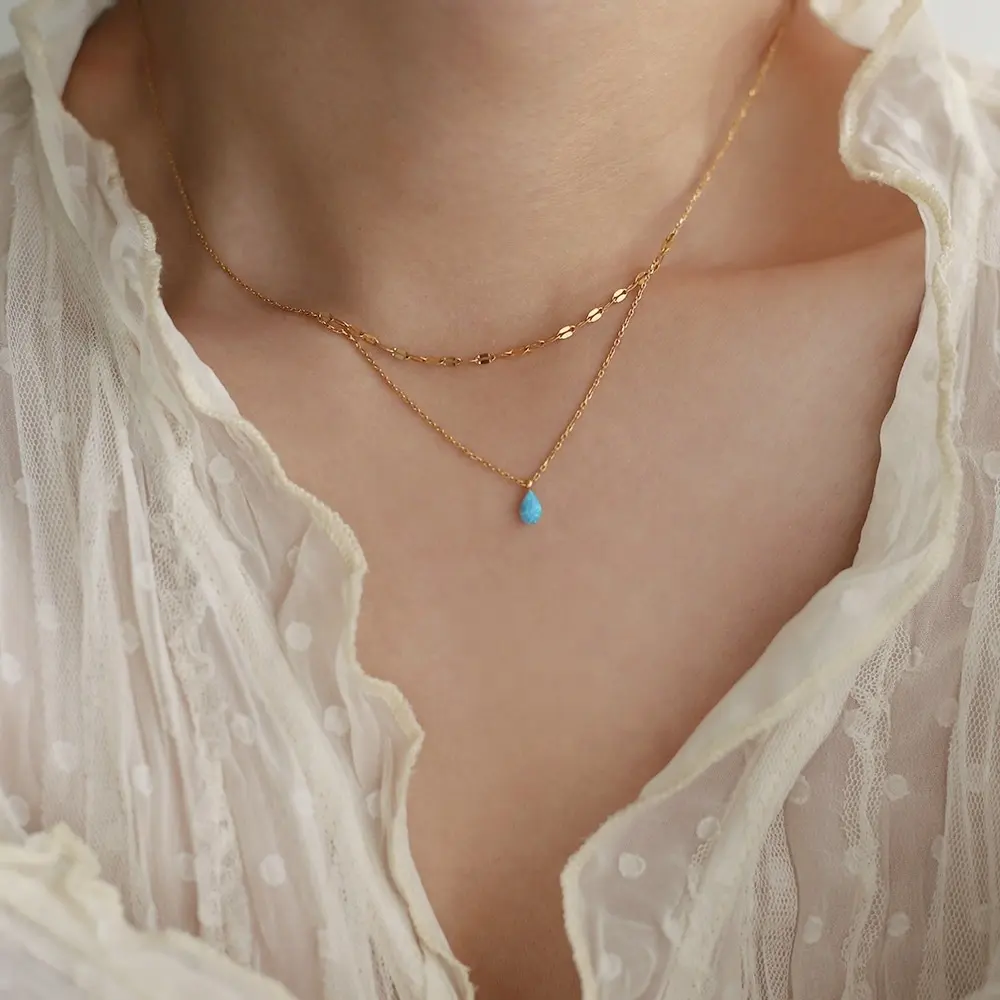 Vintage Blue Teardrop Artificial Stone Pendant Water Drop Gemstone Double Layer 18K Gold Plated Chain Necklace for Women