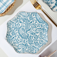 Ensemble d'assiettes en céramique florales bleues-Vaisselle élégante en porcelaine osseuse pour service de dessert de mariage, de restaurant et d'hôtel