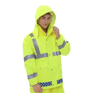Tianwang yüksek kaliteli trafik yağmurluk emniyet yansıtıcılı ceket cepler ile Rip Stop takviyeli Polyester iş elbisesi PU ile