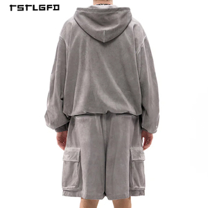 Ensemble de survêtement deux pièces pour homme, personnalisé OEM, style vintage, avec sweat à capuche zippé teint et short cargo en coton épais délavé minéral - Product Image 6