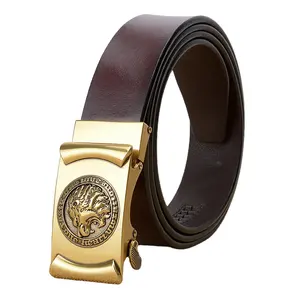 Extremely Hot Sale! 3.5cm easy clip removable old brass lion head buckle high quality genuine leather automatic buckle belts