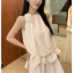 Ensemble deux pièces pour femmes, style coréen, haut sans manches à bretelles et jupe fluide, blanc, à volants, tenue décontractée - Product Image 3